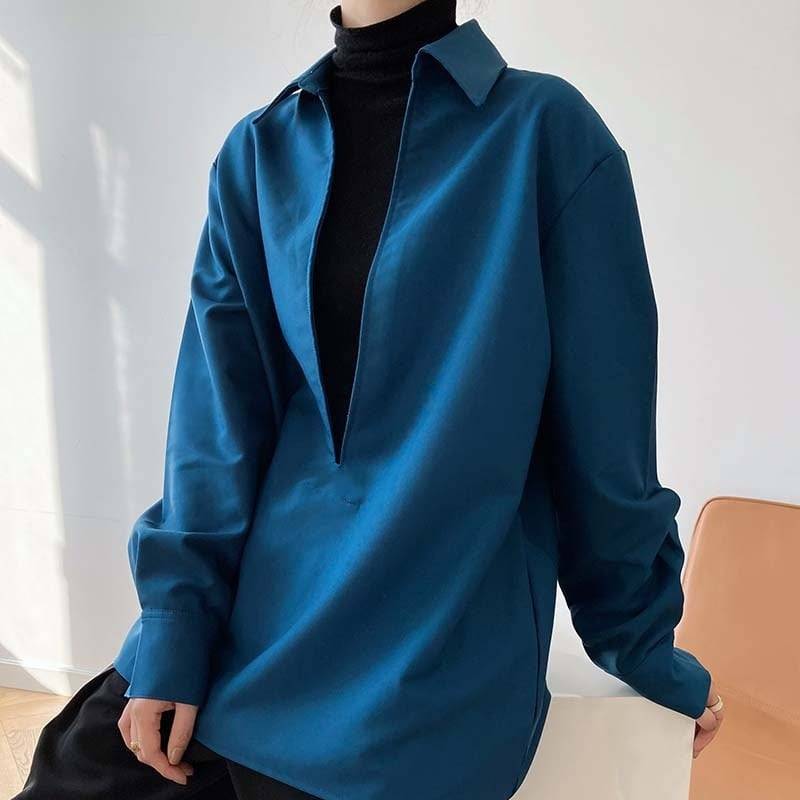 カジュアル 無地 長袖 袖あり ロング丈 カラーシャツ ボリューム袖 ブルー シャツ ス 深めVネック レディース ドロップショルダー マニッシュ 大人カジュアル ホワイト ブラック ポロ襟付き オー 5,287円