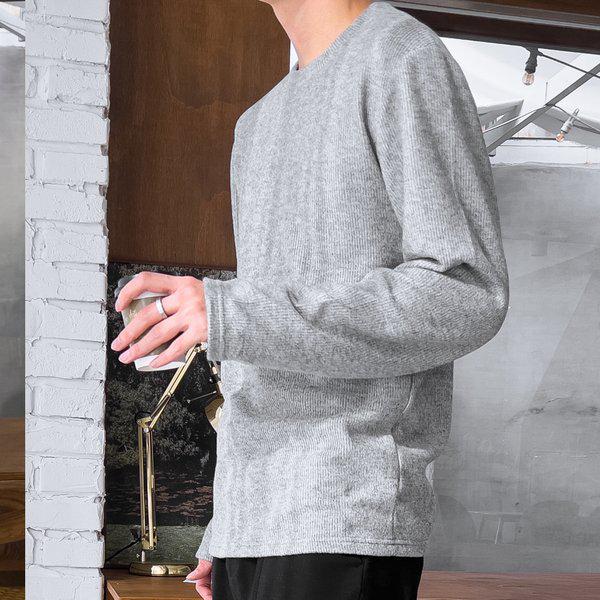 メンズソリッドリブ編みラウンド長袖Tシャツ5C-TSA-Q108-メランジ