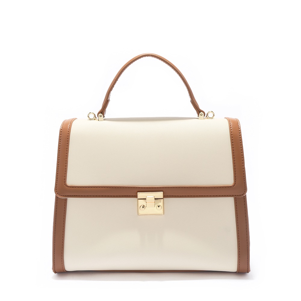 フレンチパイピングハンドバッグ ショルダーストラップ付き ブラウンアイボリー