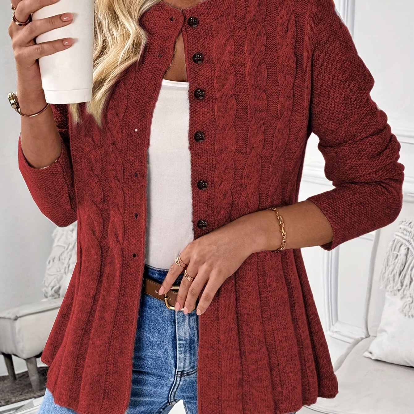 プラスサイズ - 女性用カジュアル無地シングルブレストカーディガン - エレガントな長袖オープンフロントコートボタンのディテール付き秋/冬に最適なカジュアルウェアカーディガン