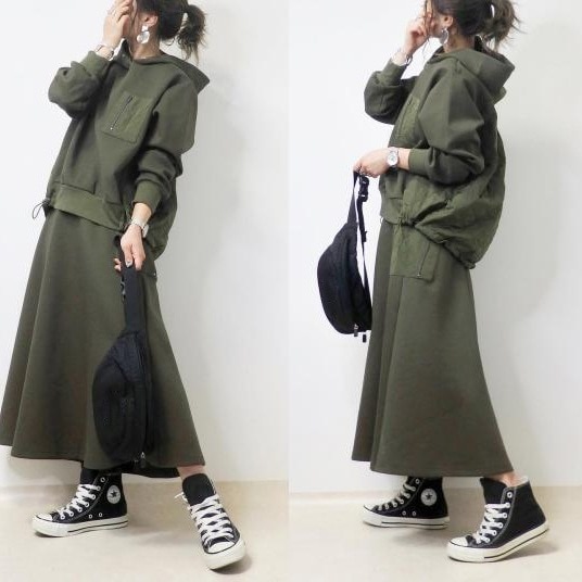 【韓国の人気爆発】 おしゃれ度アップ可愛いデザインパーカー＋Aラインスカートワンピースセット