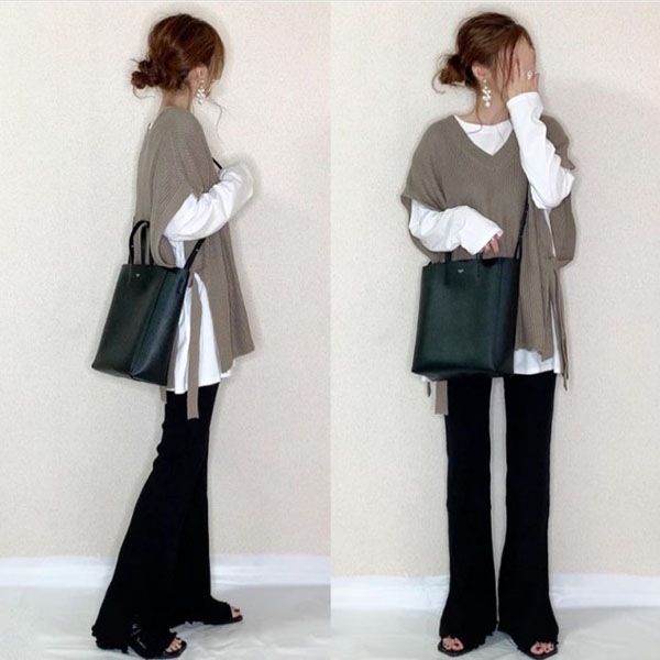 【再入荷予定】おしゃれ度アップ ラウンドネック Tシャツ＋ Vネック ベスト ニットセーター レディース 秋冬 5,392円