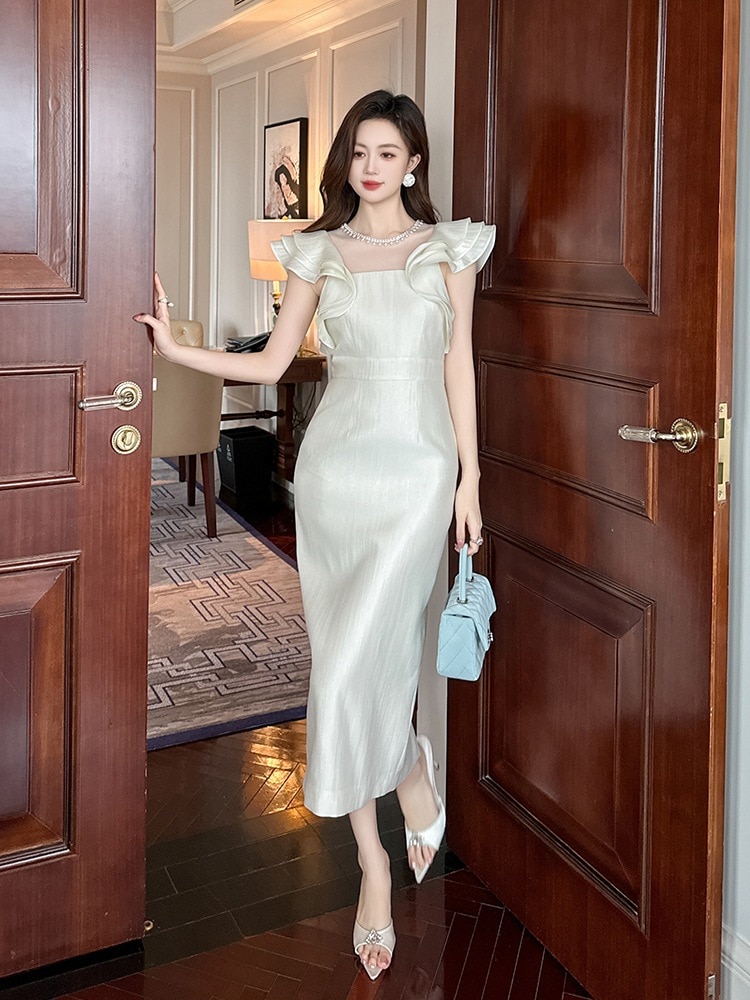【JY.上品】 2024夏新品 フリル ワンピース ロング 白 ドレス パーティー キャバ 大人 同窓会 披露宴 卒業式 結婚式 演奏会 ウェディング 二次会 メガ割