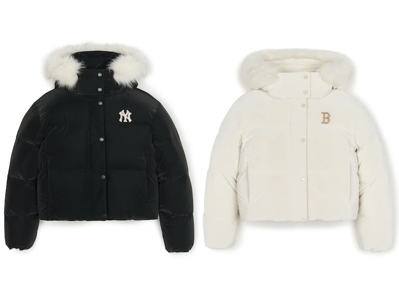 3FDJB2146韓国限定販売 冬の新商品 レディース ベーシック 艶あり フード着脱 FUR クロップ ダウンジャケット ニューヨーク ヤンキース