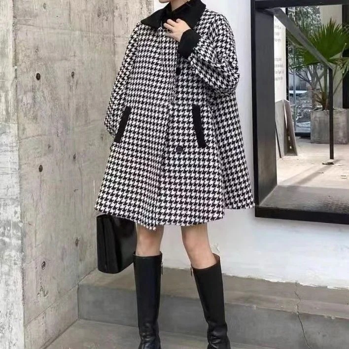 製品 気質 チェスターコート レディース コート ロング丈 トレンチコート ラシャ アウター 千鳥柄 韓国風 カジュアル 秋冬 ゆったり 厚手 防風 暖かい 上品