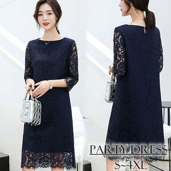 パーティードレス 結婚式 ワンピース ドレス フォーマルドレス お呼ばれ ドレス 服装 ミモレ丈 透け感 セクシー ドレス 大人 ピアノ 発表会 大きサイズ 総レース aライン 袖あり 膝下丈 二次会