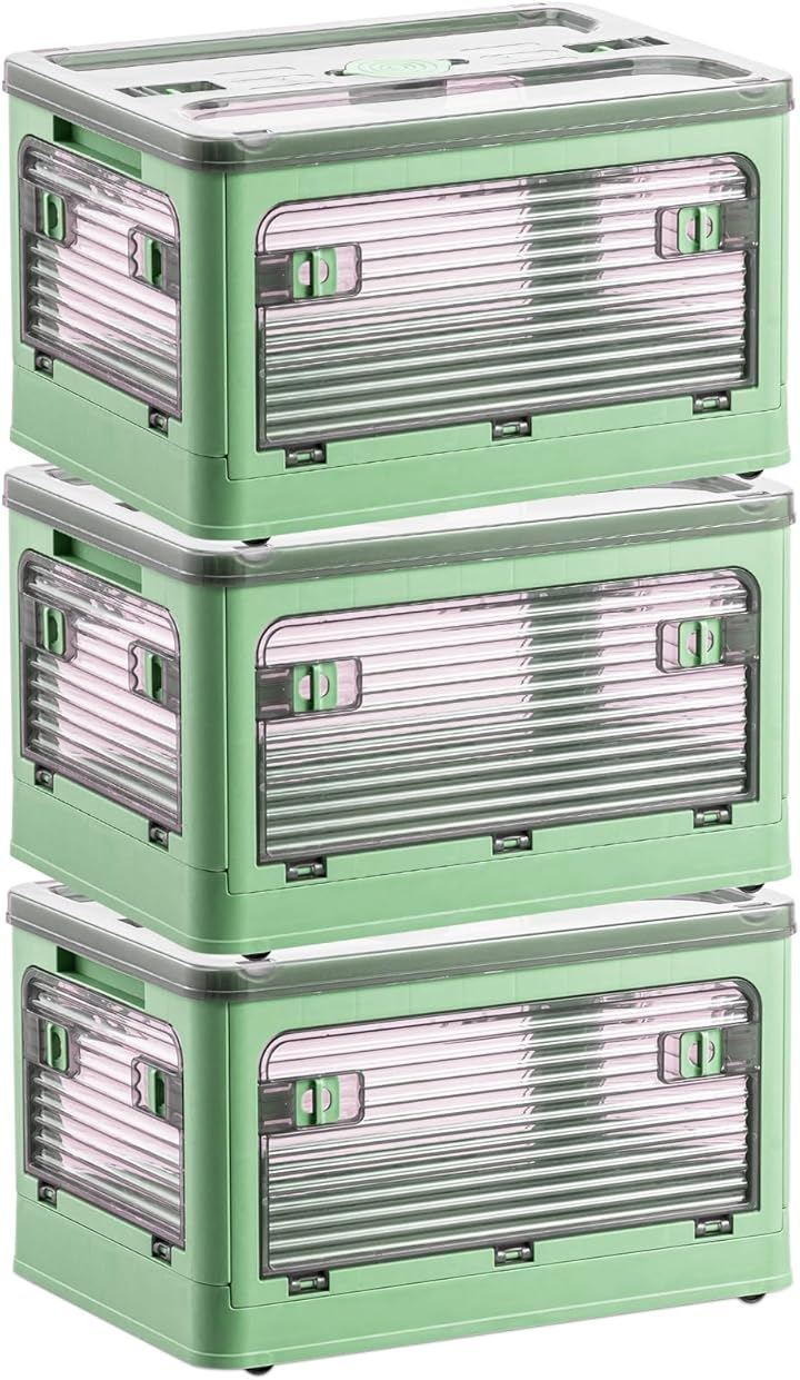 収納ボックス 蓋付き 積み重ね可能 全方向から取り出せる キャスター付き 衣装収納ケース 強い耐荷重 大容量収納ボックス (3個xグリーン, M（47x35x24.5cm）)