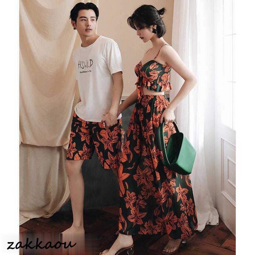 カップル水着 レディース/メンズショートパンツ ペアルック水着 水着4点セット ビキニ 夫婦 花柄Bikini 温泉 新婚旅行 20代30代 夏 着痩せ サーフパンツ
