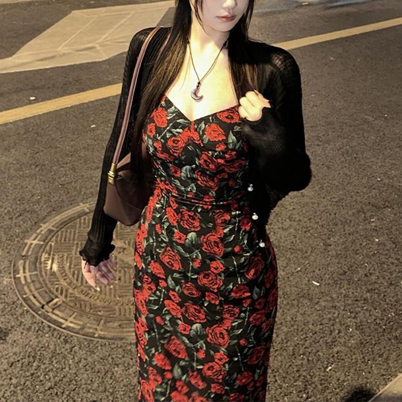 プラスサイズ フレンチレトロ ピュア＆セクシー ローズスタイル レディース サマー ロングスリーブ カーディガン スリット サスペンダー ドレス ツーピースセット