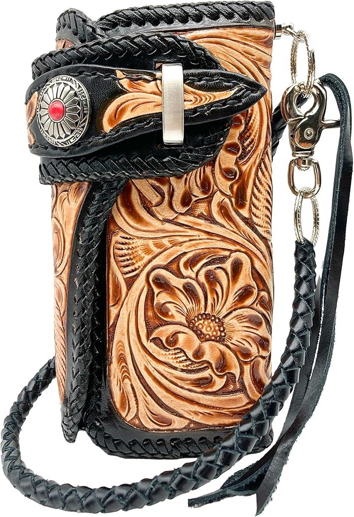 バイカーズウォレット カービング メンズ 財布 長財布 ベルト (ナチュラル/ブラック ベルト, 10cm x 20.3cm x 3.8cm)