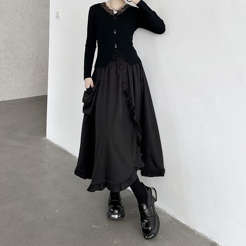 【J.Fashion】 フリフ裾 ロングスカート ポケット付き おしゃれ 秋冬 個性的なデザイン レディース スカート メガ割 4,671円