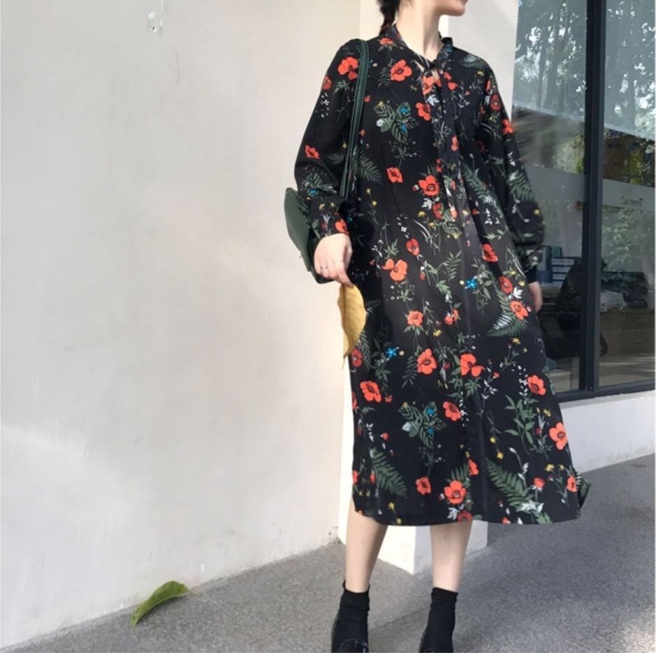 1632.花柄シャツロングワンピース（ブラック）2019 春夏 sale 通学 通勤 普段使い 女子会 レストラン カフェ ショッピング お呼ばれ