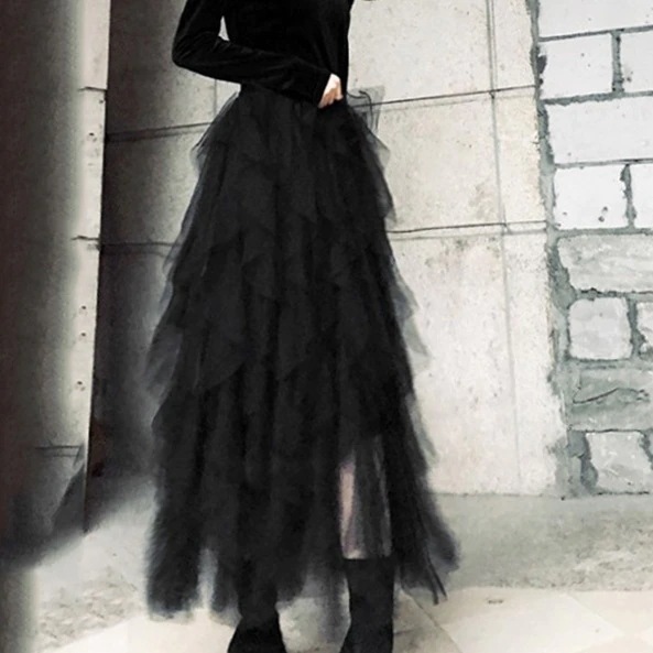 スカート 春夏 かわいい フレアスカート ロング丈 マキシ丈 無地 シースルー フリル 黒 ブラック かわいい 大人可愛い カジュアル おしゃれ お洒落 クラシカル エレガント フリーサイズ ワンサイ