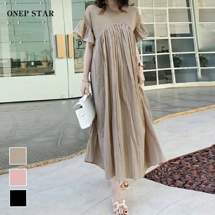 【在庫一掃】ロングワンピース 半袖 マキシワンピース プリーツ 切り替え 可愛い 大きめ きれいめ 柔らかい パーティー 演奏会 発表会 卒業式 レディースファッション 20代 30代 40代 50代