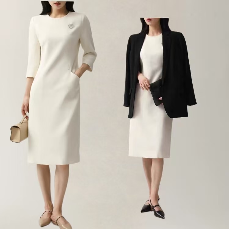 オーダーメイドワンピ　エレガントワンピース 　シワよりにくワンピ　着痩せて見え 無地膝丈７分袖 ワンピ [2カラー]