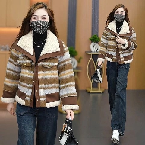 【急速出荷!】2025コート アウター ジャケット 羽織 ボーダー柄 長袖 もこもこ 襟付き シンプル お出かけ レディース【大きいサイズ レディース ロング ジャケット アウター 上着 ハンガー ロ