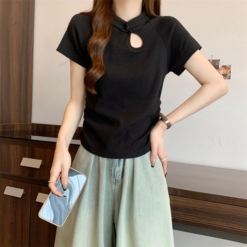 スタンドカラー シャツ 半袖 レディース 女性 チャイナ風 トップス ニット 夏 カジュアル ショート丈 ピンク 黒 ベージュ 無地