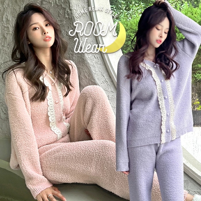 ルームウェア パジャマ レディース 冬 カーディガン 長袖 可愛い 長ズボン 上下セット 部屋着 セットアップ レース 春 秋 前開き ルームウエア モコモコ ボタン おしゃれ オトナ女子 6,093円