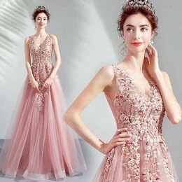 ウェディングドレス　大きいサイズ　二次会　ウェディング　Aライン/Vネック　カラードレス春　パーティードレス二次会ウェディングドレス　イブニング結婚式　演奏会披露宴忘会　二次会編み上げ　エレガント　P 12,166円