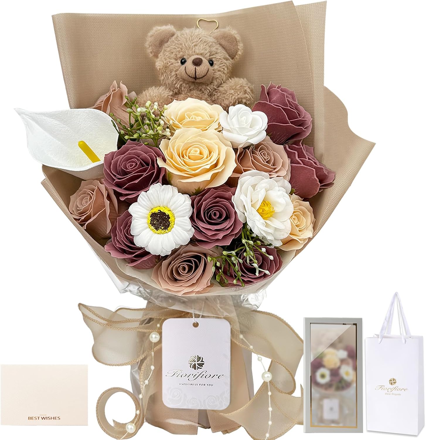 ソープフラワー かわいい小熊入り ギフトセット バラ 高級造花ブーケ 誕生日 母の日 記念日 卒業 入学 バレンタイン インテリア装飾