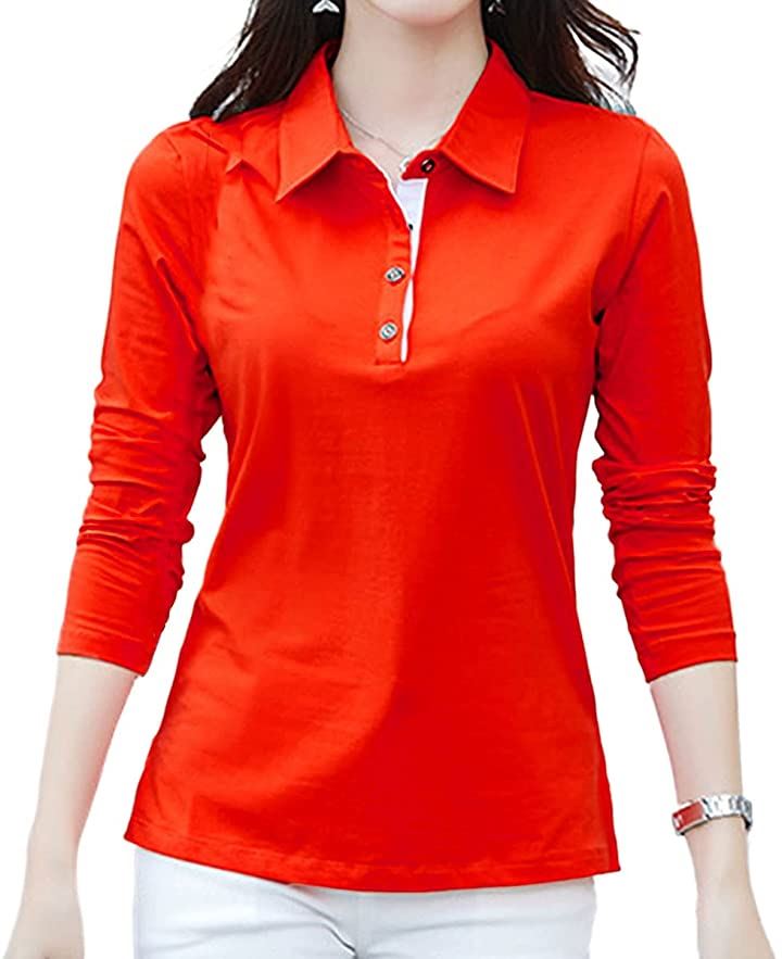 スリージョイ ポロシャツ 長袖 トップス 襟付き スリム カジュアル ボタン レディース(オレンジ/Bタイプ, XL)