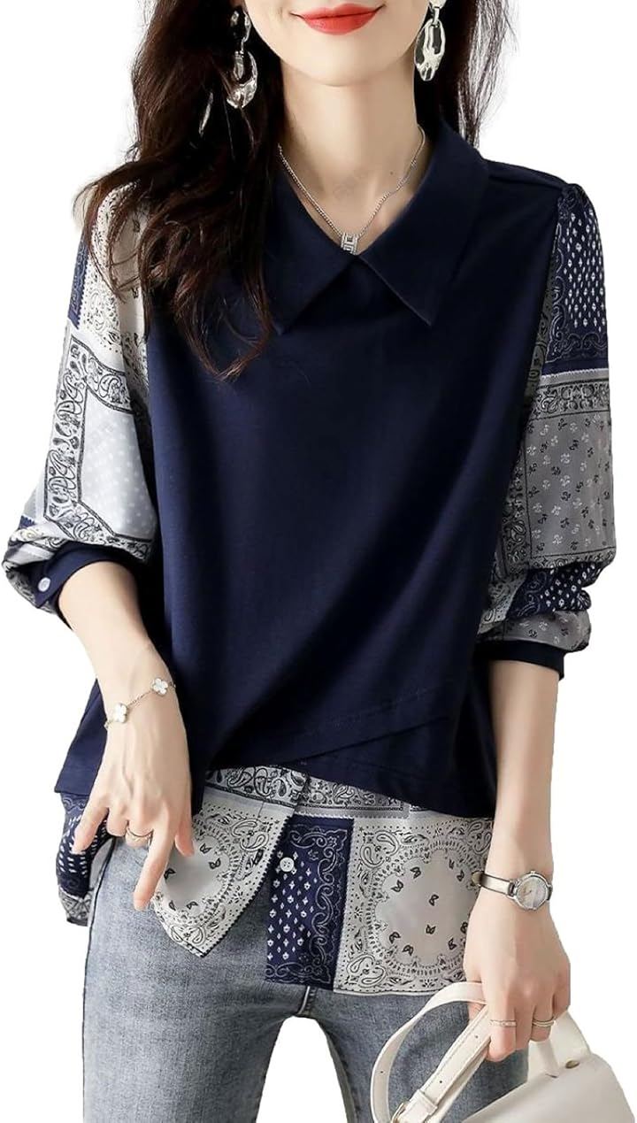 ジェイスコット レイヤード風ブラウス レディース シフォンシャツ ペイズリープリント パフスリーブ 長袖 異素材切替 JS33-NV-M (ネイビー, M)