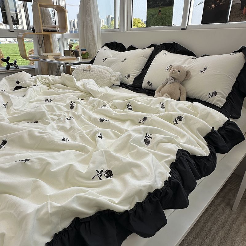 韓国ガールズハート起毛刺繍レースサマーキルト4点夏洗えるコットン洗濯機で洗えるエアコン付きキルト3点セット