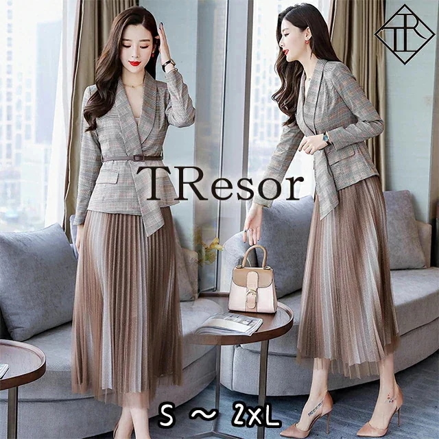 セットアップ レディース カジュアル スカートセットアップ スーツ 上下セット ツーピース 長袖 ジャケット フォーマル 他と被らない 大人可愛い お洒落 プリーツスカート ロング丈 パーティ 5,943円