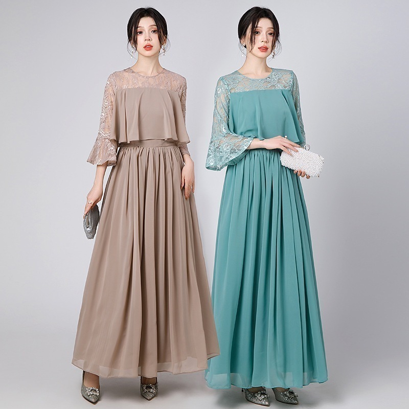 【縁夢】 レース袖 フリル イブニングドレス ロングワンピース イブパーティードレス キャバ 着痩せ 大人 同窓会 披露宴 卒業式 結婚式 演奏会 ウェディング 二次会 発表会 メガ割