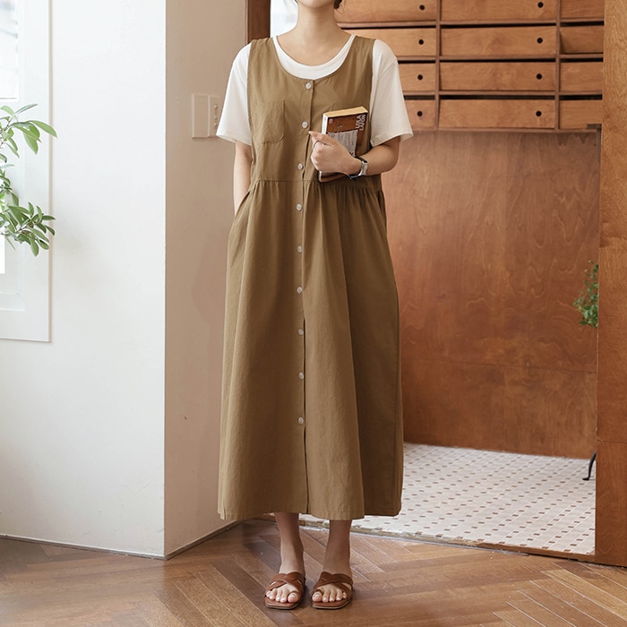 [韓国ファッション] レディース用 ツーポケット コットン ノースリーブ ビスチェ ロング ワンピース