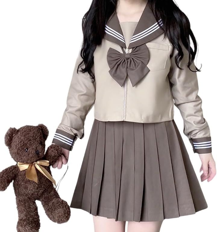 3点セット セーラー服 長袖 ブラウン 学生服 前開き プリーツスカート 制服 コスプレ リボン 韓国 L サイズ( ブラウン　コーヒー　ミルクティー　茶色　モカ, L サイズ)