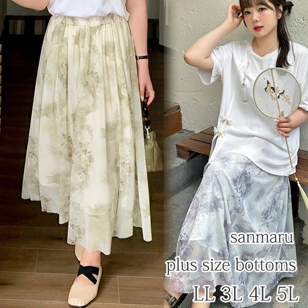大きいサイズ ボトムス メッシュロングスカート 水墨画風プリント ウエストワイド総ゴム仕様 ミモレ丈 ギャザースカート インクグリーン レイクブルー LL 3L 4L 5L【予約】