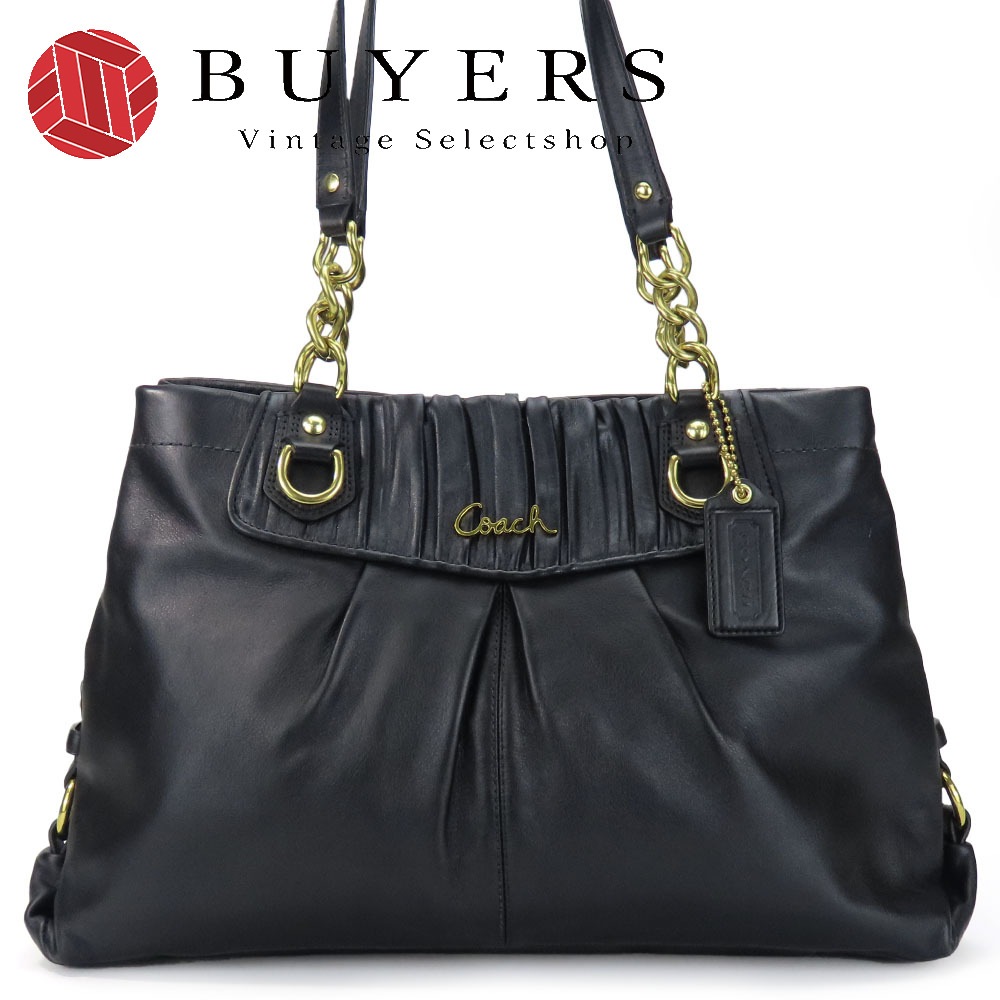 中古 トートバッグ F17571 レザー ブラック ゴールド金具 肩がけ シンプル チェーン レディース 女性