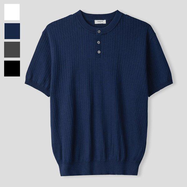 男性用ホエールボタンヘンリーネック半袖ニットTシャツ GN-KNH-Q019-ネイビー
