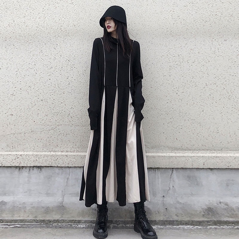 レディースロングスリーブドレス2022年春新作黒と白のカラーマッチングAラインドレスファッションレディースドレスラージサイズカジュアル多目的トレンドレディースワンピースロングドレス