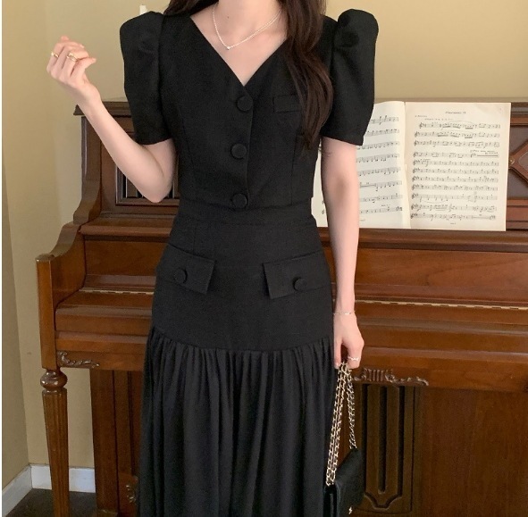 セットアップ スーツ ポワン袖 ジャケット ロングスカート 切り替え Vネック 黒 ハイウエスト 韓国 レディース オルチャン 無地 ２点セット きれいめ きちんと フォーマル 保護者会