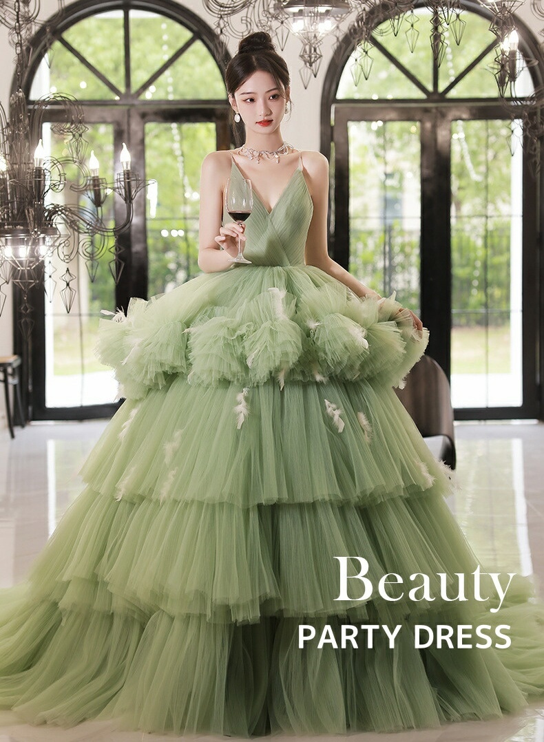 【限定セール】レディースドレス ロングドレス 花嫁ドレス ウェディングドレス パーティー グリーン チュールスカート 礼服 イブニングドレス 上品 きれいめ 宴会 披露宴 撮影 前撮り 後撮り 編み上