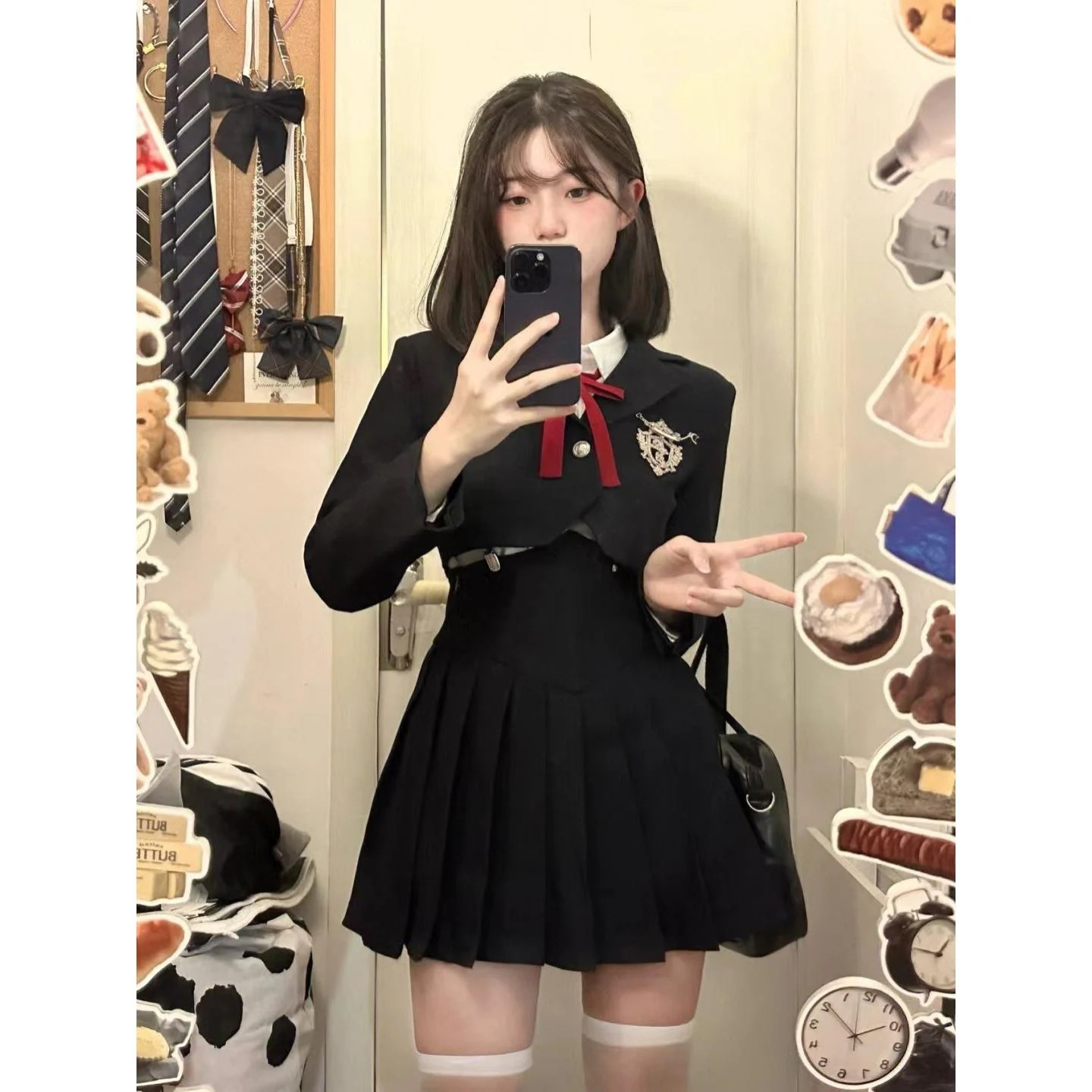 スーツ韓国系jk制服学院風ブレザーリボンシャツハイウエストストラッププリーツ春スーツ