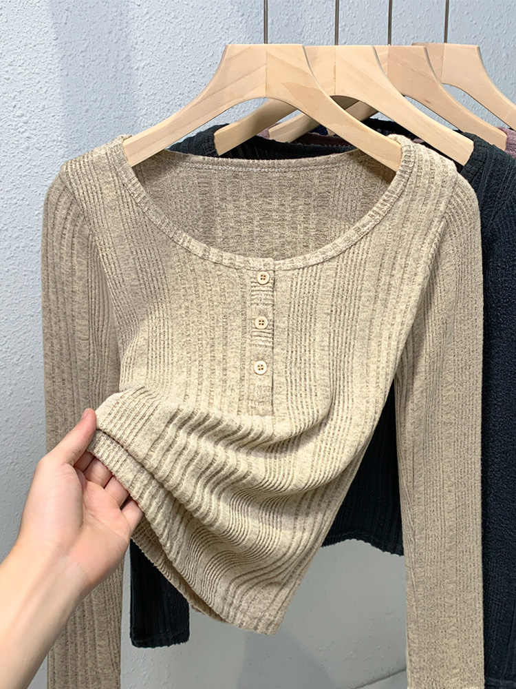 ラウンドネックの薄手ベーシックTシャツ新型朝秋長袖インナーボトムで身を修めて痩せ見えニットトップス