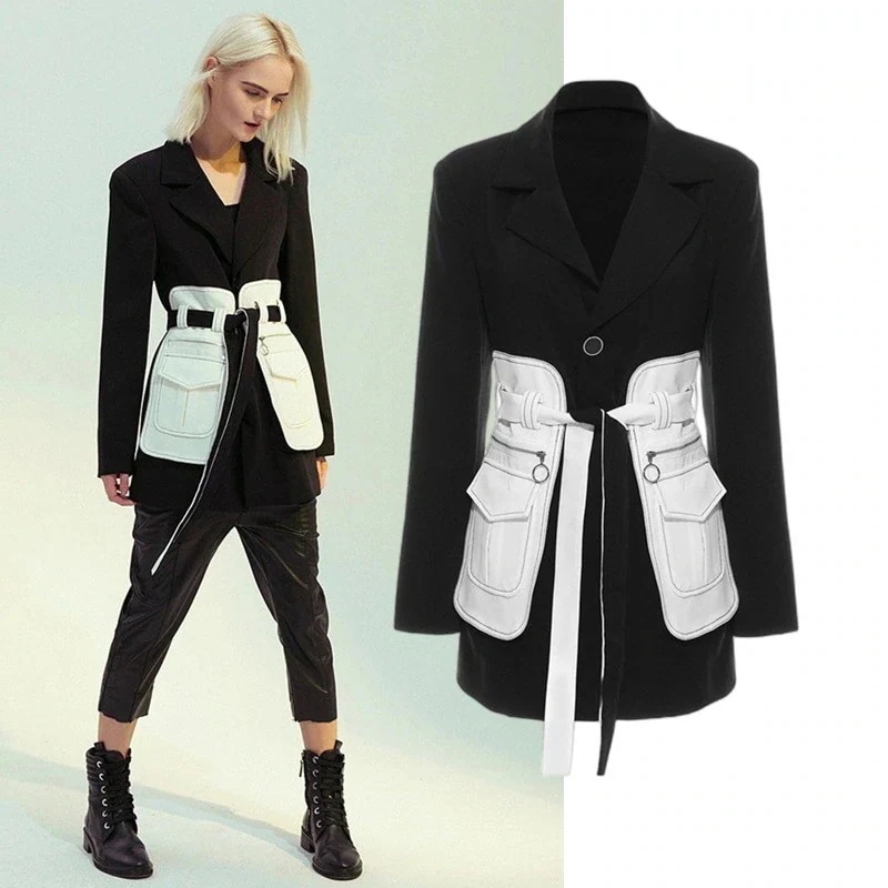 【Europe Style.O今週の割引は 25% オフですF】春 スーツジャケット レトロスーツ 黒白 ドッキング ウエスト引き締め 飾りベルト付き ファスナー袋 テーラードジャケット ママスーツ