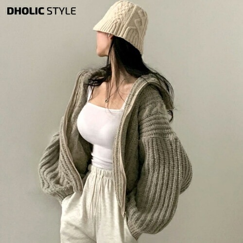 [メガ割りSALE]ルーズジップアップケーブルニットカーディガン・p448286