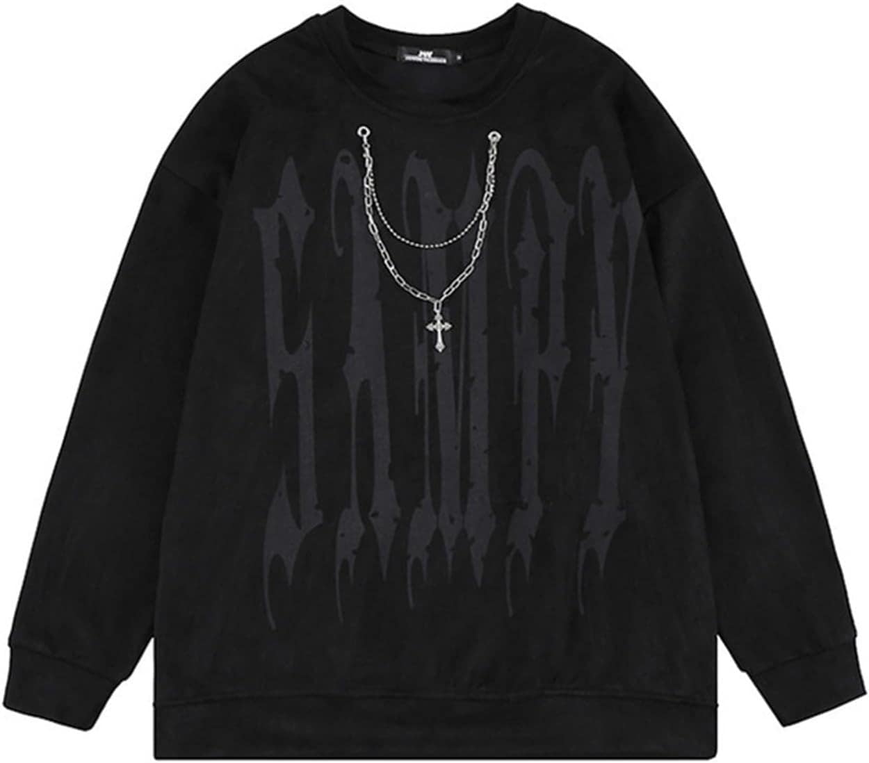 長袖パーカー フルオーバー メンズ チェーン クルーネック スエット 小さいサイズ 裏起毛 秋服 冬服 ビックシルエット モコモコ 保温 かっこいい ヒップホップ ファッション トップス ブラック レ