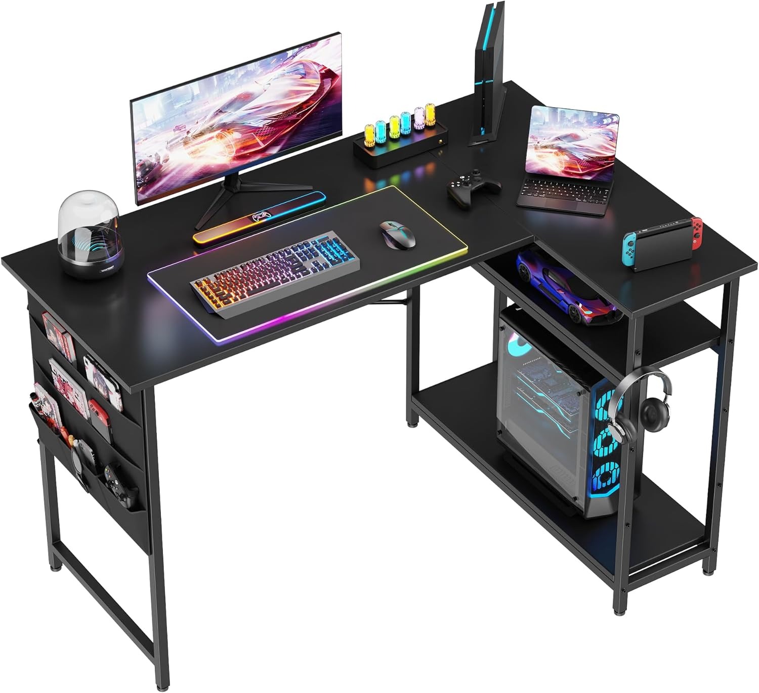 L字デスク パソコンデスク 幅107cm ラック付き 棚板高さ調節 省スペース 作業机 勉強机 ゲームデスク 在宅ワーク ホームオフィス コンパクト 収納 組立式 シンプル