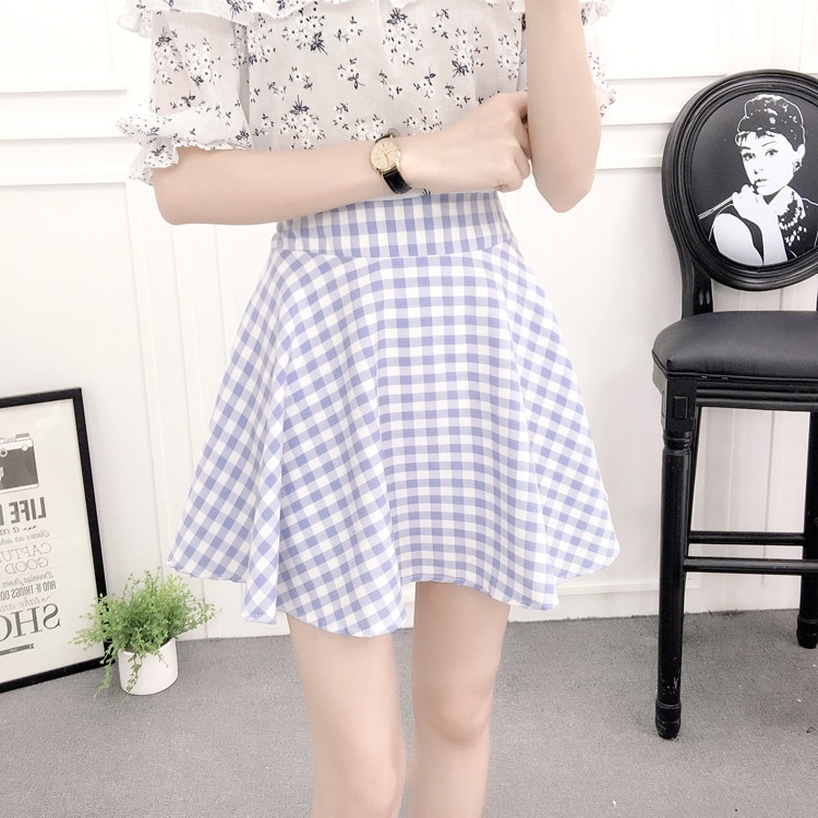3023.チェック柄ミニ丈ハイウエストスカート（ブルー）