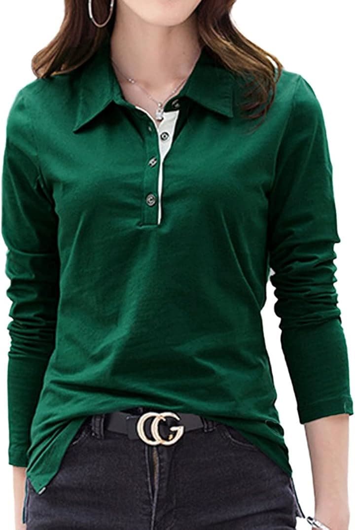 スリージョイ レディース ポロシャツ オフィスカジュアル トップス 長袖 ボタン Vネック バイカラー お洒落 かわいい 大人 スポーツ 綿(グリーン/Bタイプ, L)