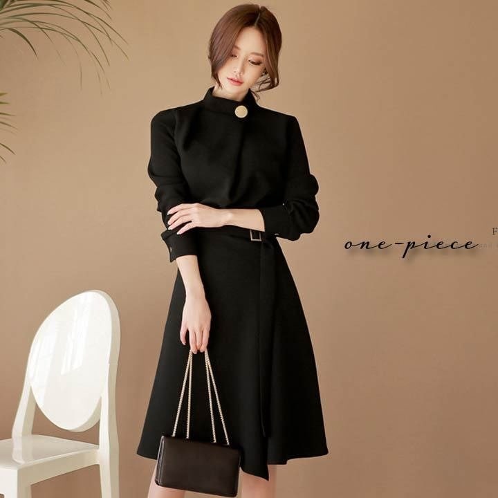 ワンピース ミディアムワンピ スリット レディース 膝丈 長袖 ベルト付き ハイネック 体型カバー きれいめ 春夏 秋冬バレンタイン 2025 プレゼント