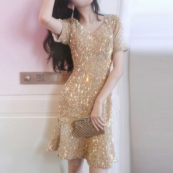 スパンコールイブニングドレスディナー パーティー 礼服韓国ファッション レディース ワンピース ロングスカート 綺麗感 可愛い結婚式 卒業式 演奏会発表会 成人式LF12