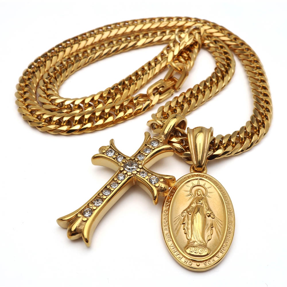 ステンレス メダイとクロスが存在感抜群！ゴールドネックレス 2サイズ [n1185]