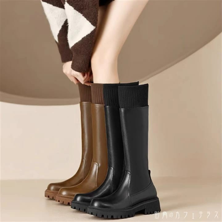 シューズ 靴 2色 ソックスブーツ ロング ローヒール 丸トゥ 異素材ドッキング 切り換え フェイクレザー レザー 革 合皮 エレガント 可愛い 大人可愛い きれいめ シンプル カジュアル シック コ
