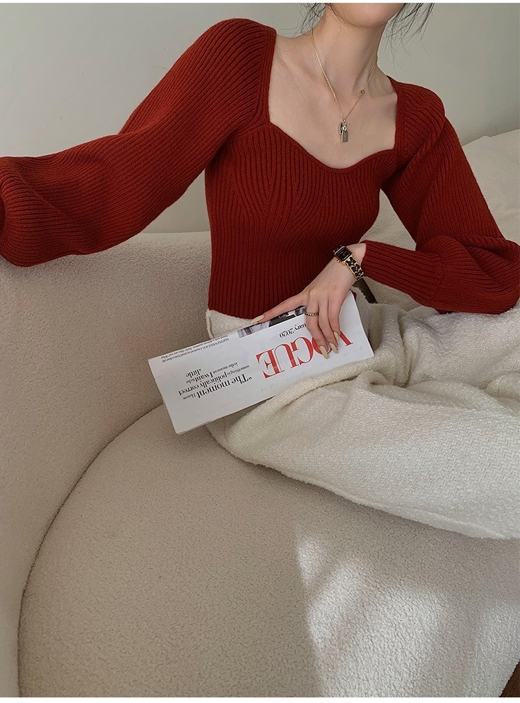 レディース ファッション セーター 婦人服 秋 冬 スクエアカラー トップ ショート ニット シャツ ブラック レッド ＳＭＬ トップス 袖あり かわいい 大人可愛い きれいめ シンプル カジュアル